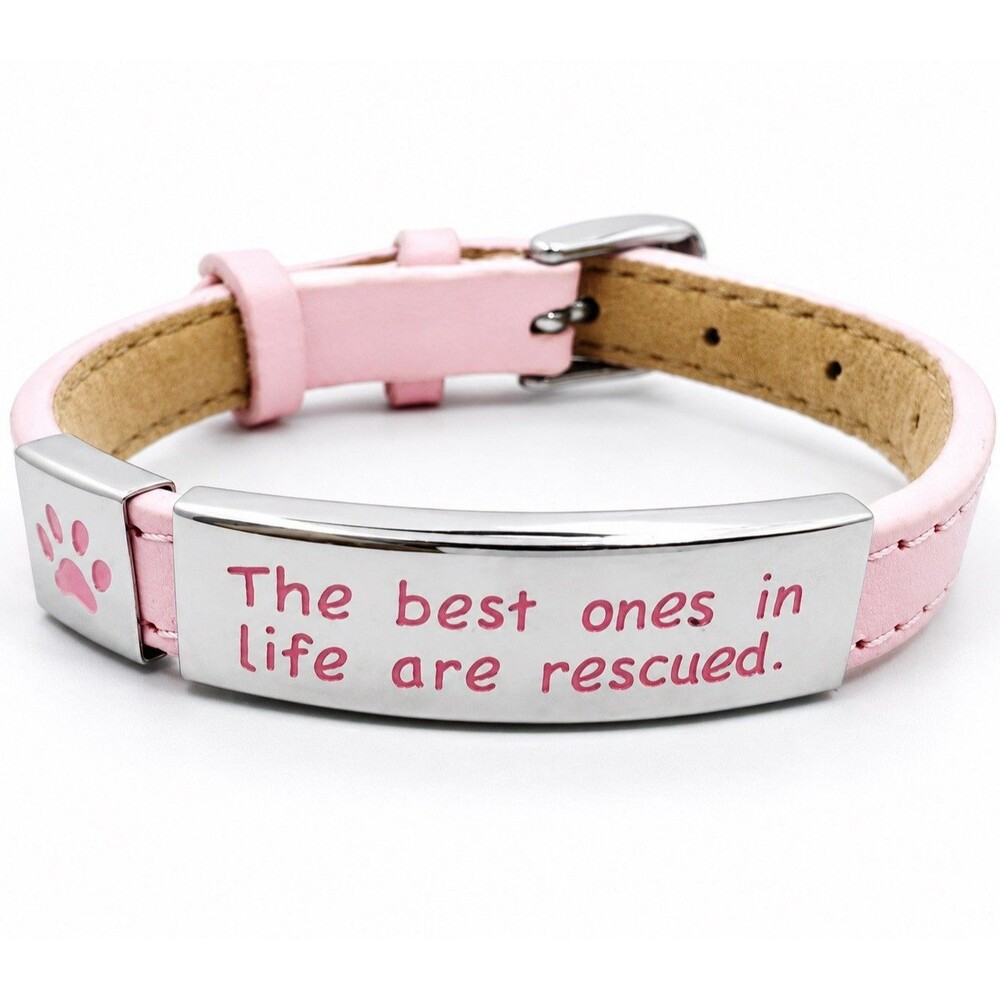 Pink Rescue Bracelet Paw Print Pet Adoption Gift Dog Cat Lover Stainless Steel